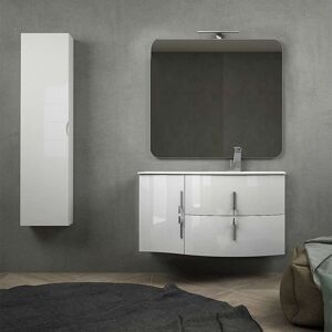 bh mobile bagno onda bianco lucido sospeso 105 cm con cassettoni soft close specchio applique led e colonna (versione destra)