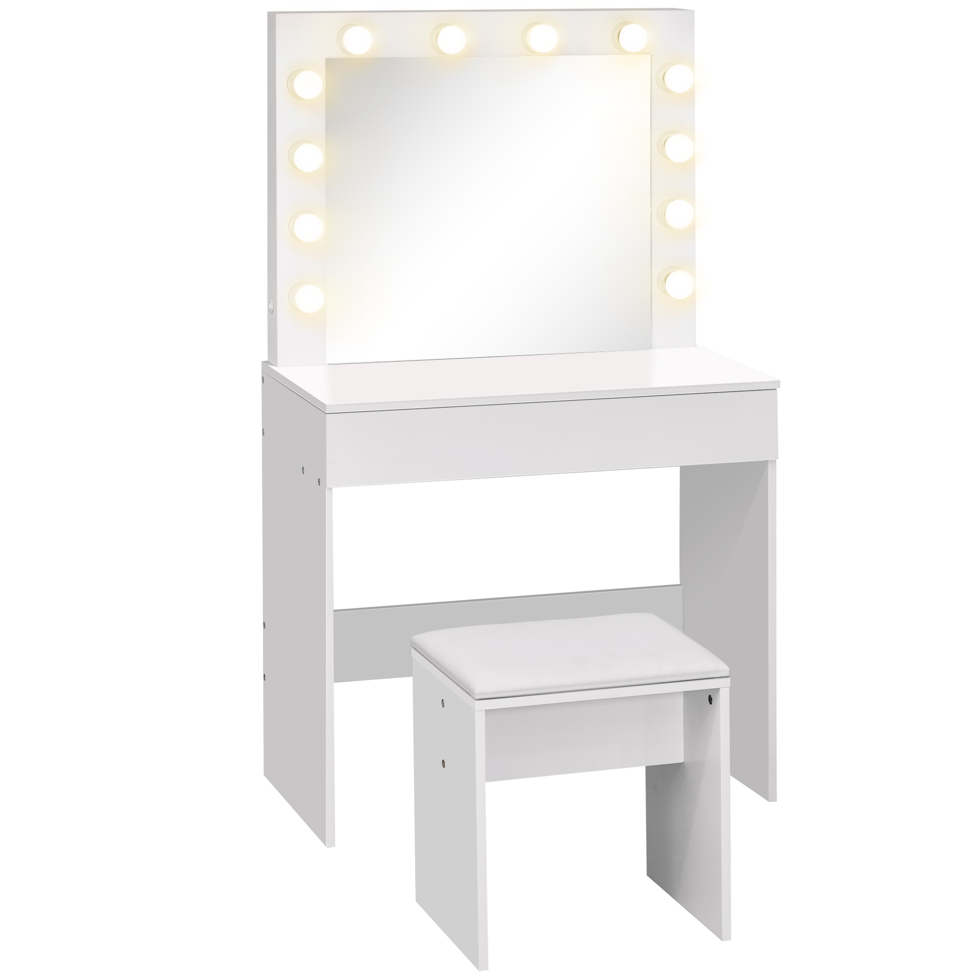homcom tavolo da trucco con sgabello imbottito specchio 12 lampadine a led ampio cassetto vintage per camera da letto in mdf bianco