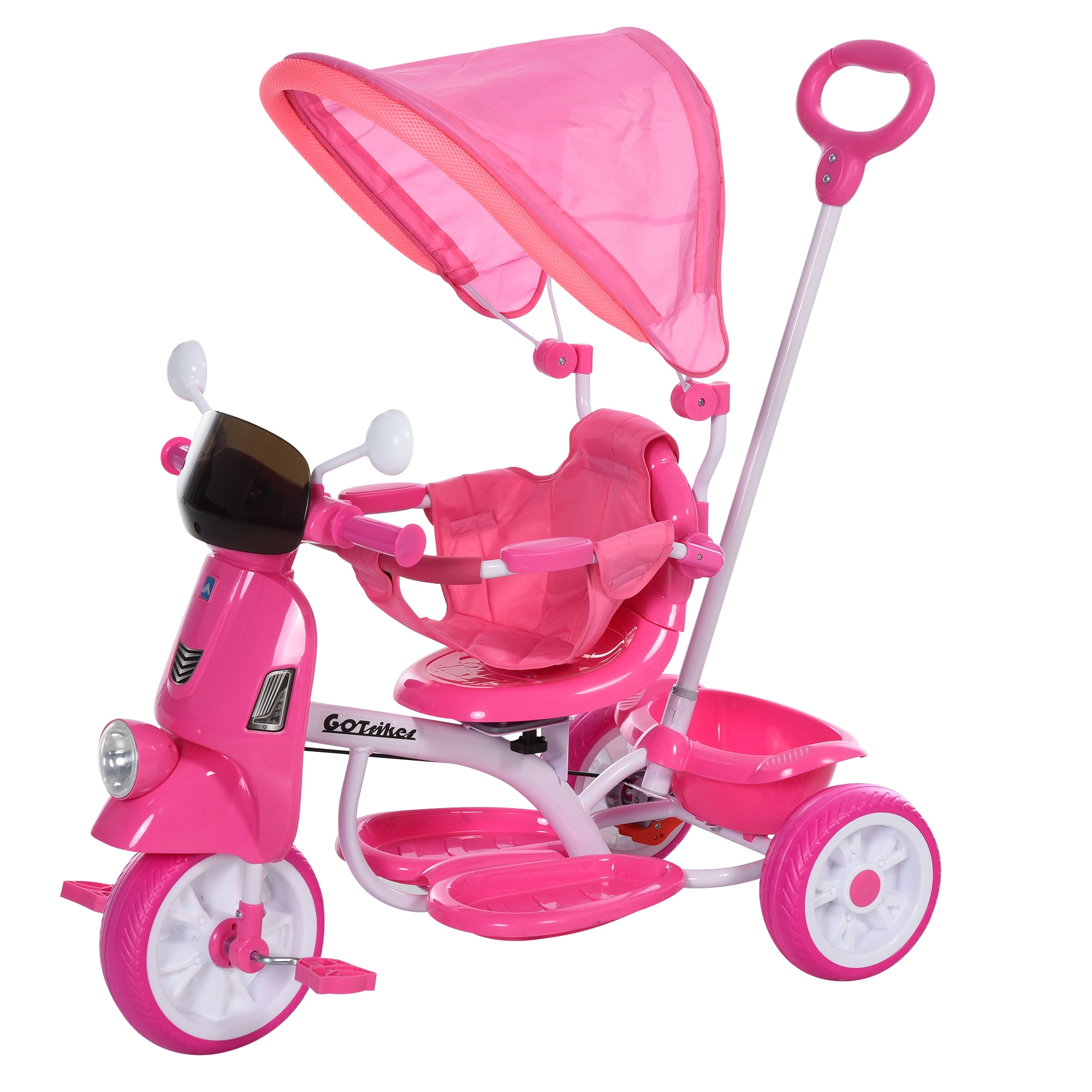 homcom triciclo a forma di moto per bambini 18-72 mesi (25kg) con tettuccio e maniglione, rosa