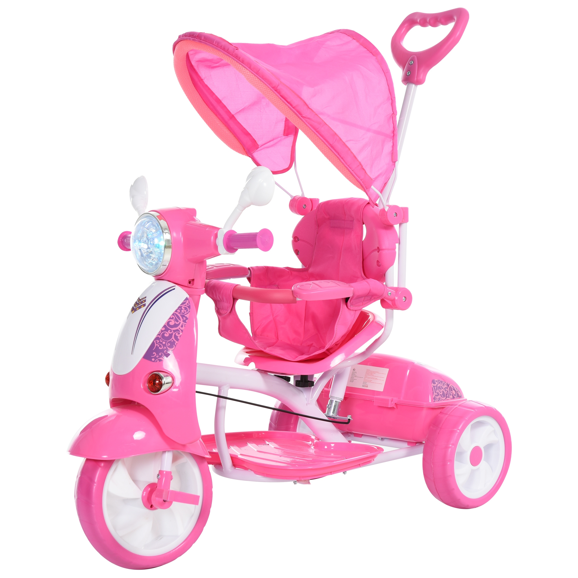 homcom triciclo per bambini da 18-72 mesi con suoni e luci, triciclo con maniglione e tettuccio rimovibile a forma di moto, rosa