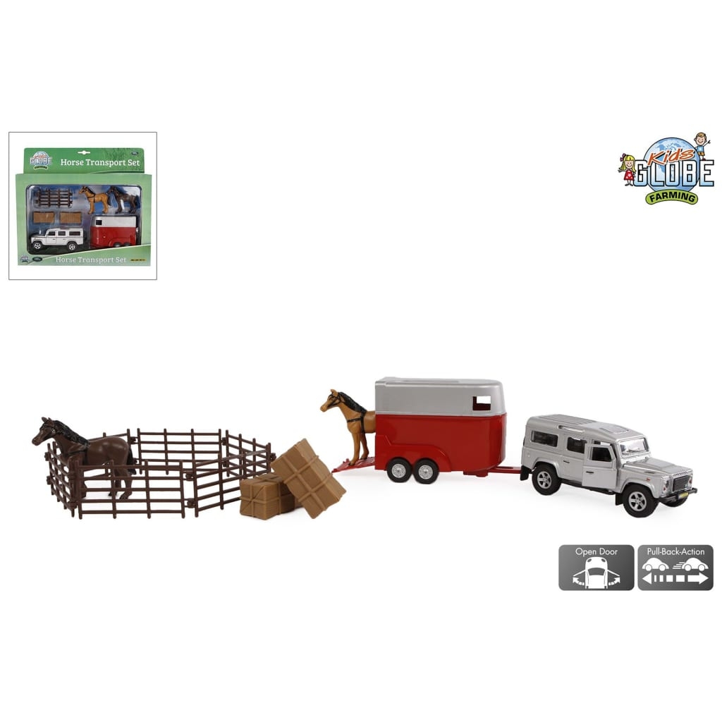 Kids Globe Land Rover With Horse Trailer And Accessories Pull Back Toy Vehicle