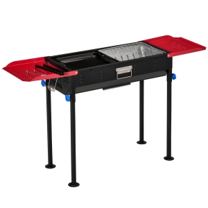 outsunny barbecue a carbonella portatile ad altezza regolabile con griglia e teglia, 120x31x60-70 cm, nero e rosso