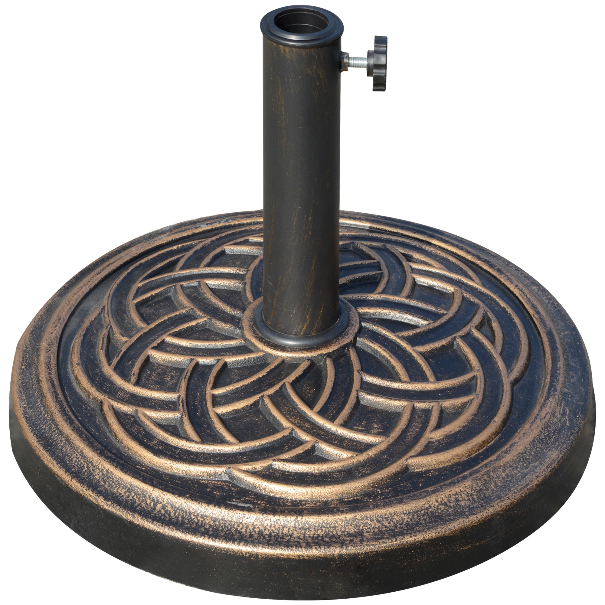 outsunny base per ombrellone rotonda da 12kg in resina con decorazione, per pali da 38mm e 48mm, 45x33cm, bronzo