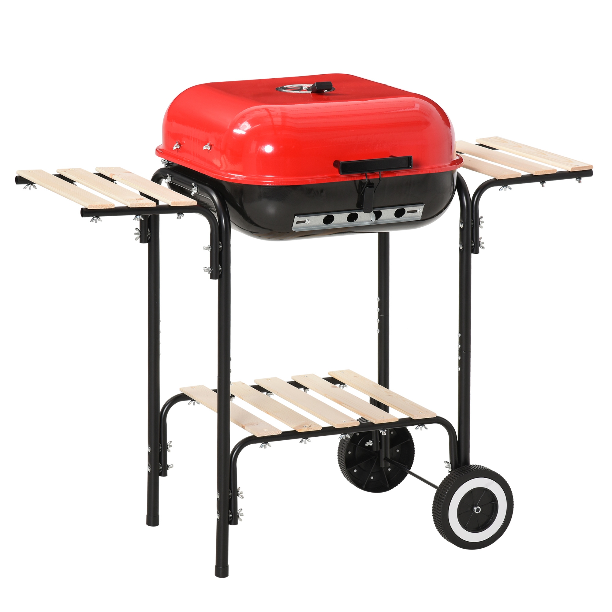 outsunny bbq barbecue grill a carbonella con presa d'aria ripiani laterali coperchio e 2 ruote acciaio 98 x 49 x 81 cm nero e rosso