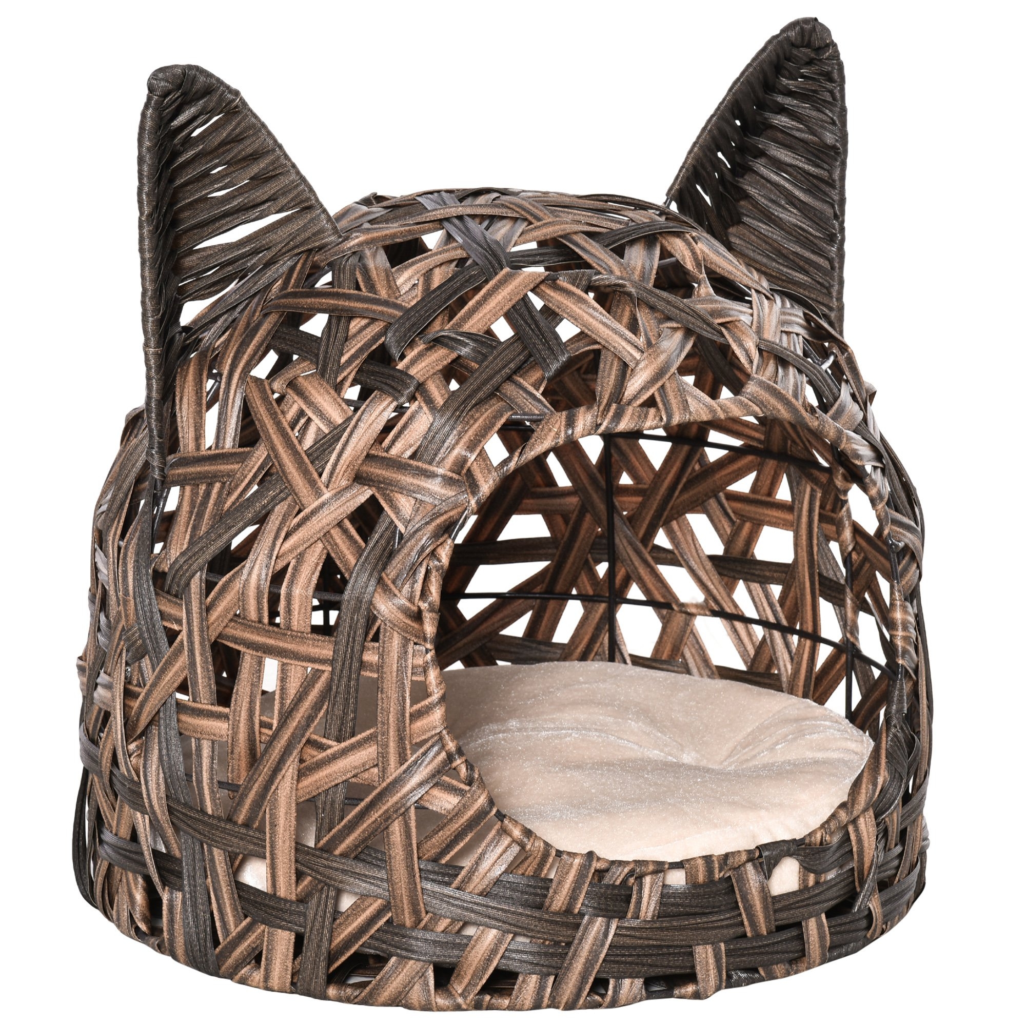 pawhut cuccia per gatti, cesta per gatti adulti fino 4.5kg, cesta in vimini sintetico a forma di gatto, marrone