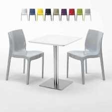 Tavolino Quadrato 60x60 Cm Top Bianco Con 2 Sedie Colorate Ice Hazelnut