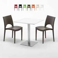 Tavolino Quadrato Bianco 70x70 Cm Con Base In Acciaio E 2 Sedie Colorate Paris S