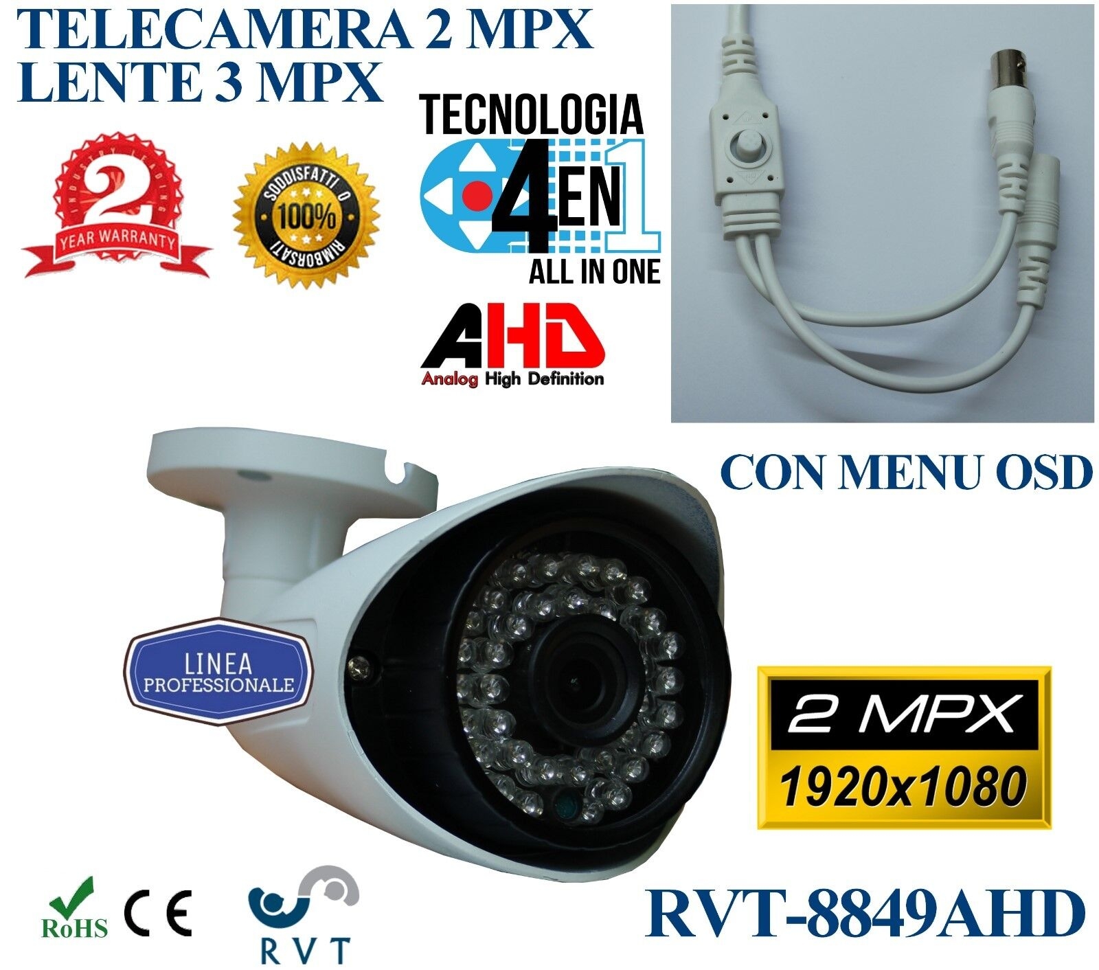 Telecamera Lente 3 Mpx 3.6 Mm 36 Led 2 Megapixel Compatibile Con Tutti I Dvr