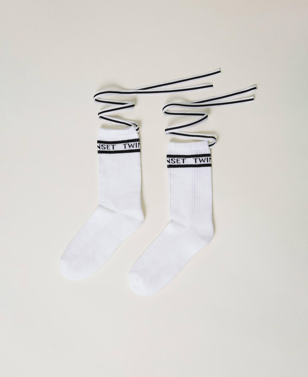 twinset accessori - calze con logo jacquard e nastro, off white, cotone, taglia: l donna